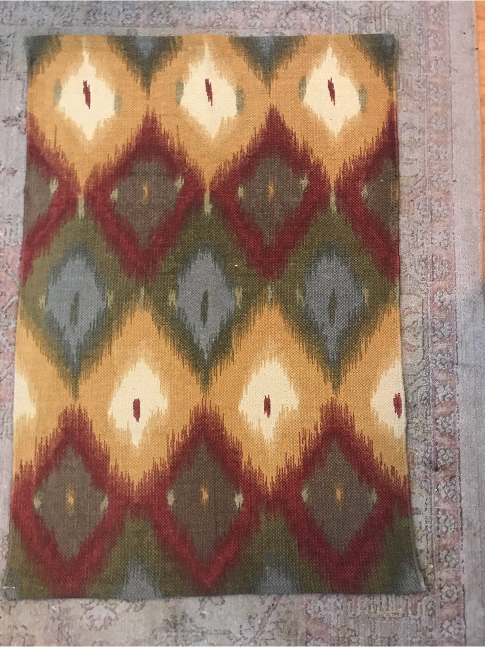 Cotton Ikat Diamond Pattern Accent Rug in Mustard, Olive & Rust